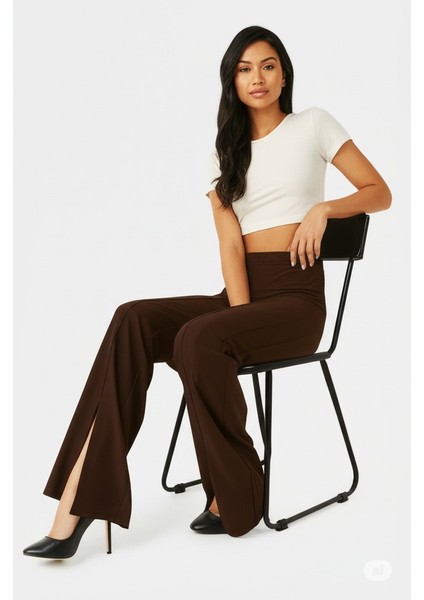 Kadın Yüksek Bel Lastikli Palazzo Pantolon Çimalı Cepli Krep Kumaş Yırtmaçlı Likralı Rahat Kesim Tam Kalıp modelleri