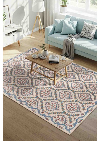 Nora Krem / Mavi Vintage Dokulu Geometrik Desenli Dokuma Tabanlı Şönil Halı Al 479