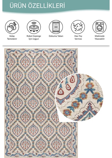 Nora Krem / Mavi Vintage Dokulu Geometrik Desenli Dokuma Tabanlı Şönil Halı Al 479 fırsatları