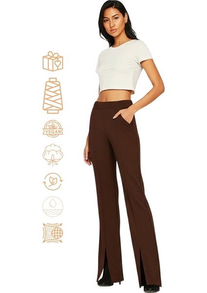 Kadın Yüksek Bel Lastikli Palazzo Pantolon Çimalı Cepli Krep Kumaş Yırtmaçlı Likralı Rahat Kesim Tam Kalıp