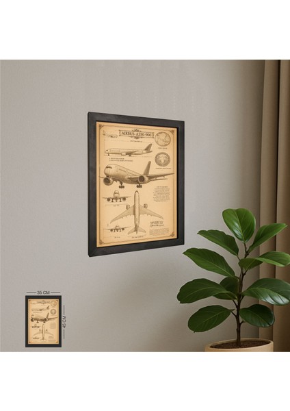 Airbus A350-900 Tablo Metal Çerçeveli Ahşap Pilot - Havacı - Uçak Tutkunu