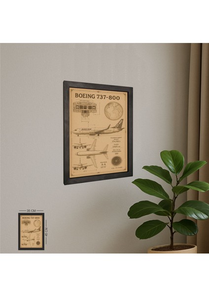 Boeing 737-800 Tablo Metal Çerçeveli Ahşap Pilot - Havacı - Uçak Tutkunu