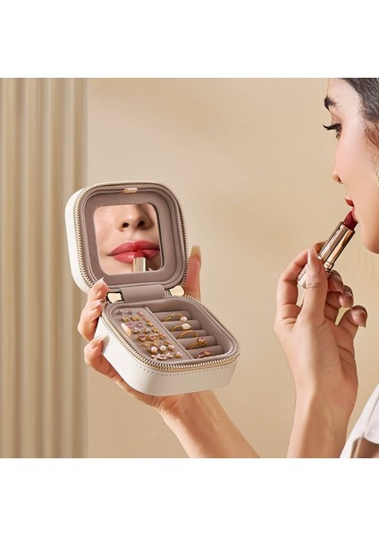 Yeni Tasarım Mini Beyaz Takı Kutusu - Özel Aynalı Fermuarlı Küpe Kolye Yüzük Organizer