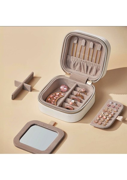 Yeni Tasarım Mini Beyaz Takı Kutusu - Özel Aynalı Fermuarlı Küpe Kolye Yüzük Organizer fiyatları