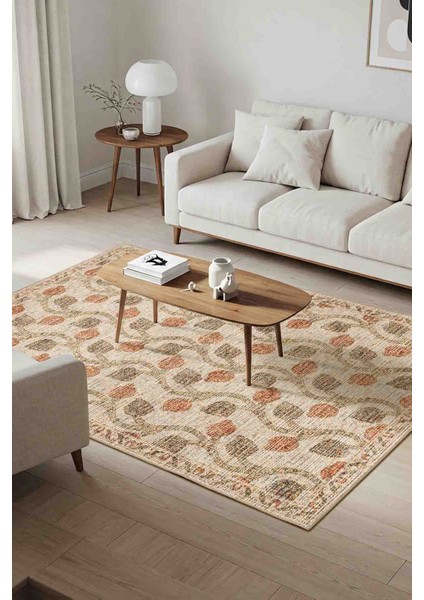 Nora Bej / Turuncu Vintage Dokulu Nar Desenli Dokuma Tabanlı Şönil Halı Al 486