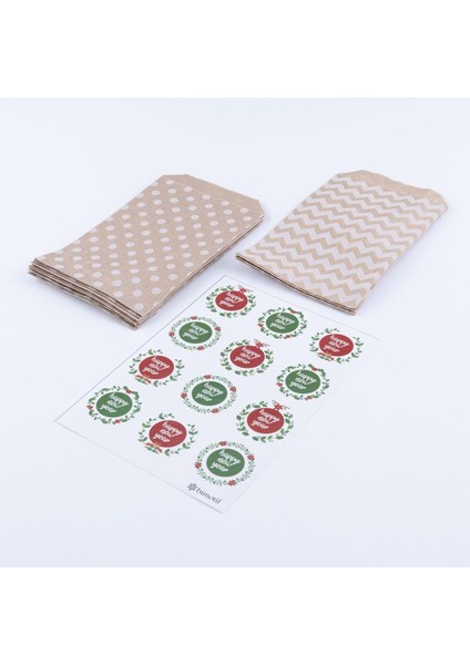 20 Adet Puantiye ve Zikzak Desenli Kese Kağıdı (18X30 Cm) ve Happy New Year Stickerdan Oluşan Set