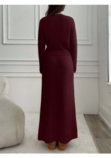 TKM0002 Kadın Saç Örgülü Uzun Etekli Cepli Triko Takım modelleri