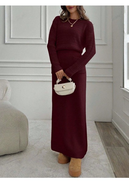 TKM0002 Kadın Saç Örgülü Uzun Etekli Cepli Triko Takım fırsatları