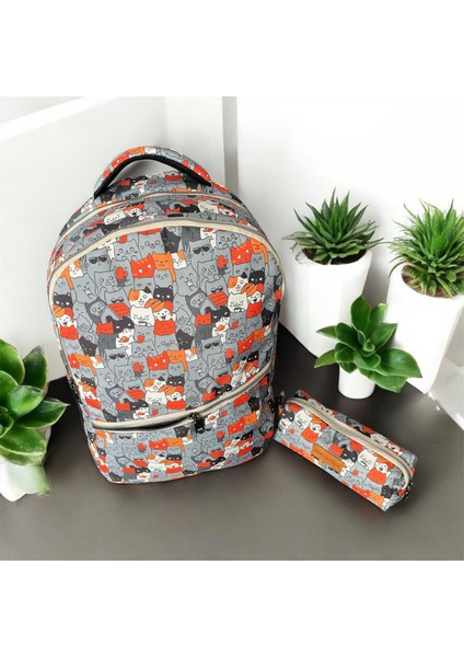 Sevimli Kedi Desenli 2'li Okul Çantası Seti - Ergonomik Sırt Çantası ve Kalemlik
