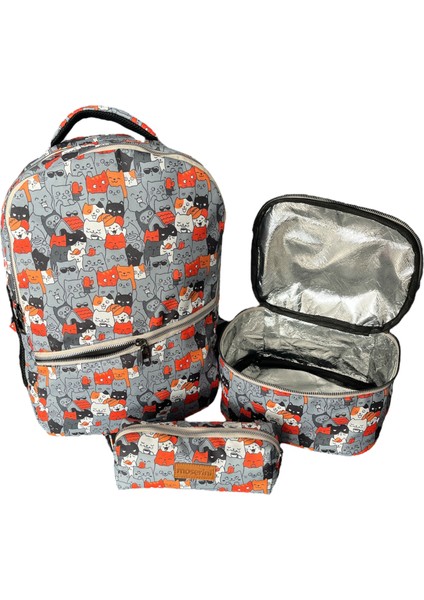 Sevimli Kedi Desenli Okul Çantası Seti - 3'lü, Sırt Çantası, Termal Beslenme Çantası ve Kalemlik fiyatları