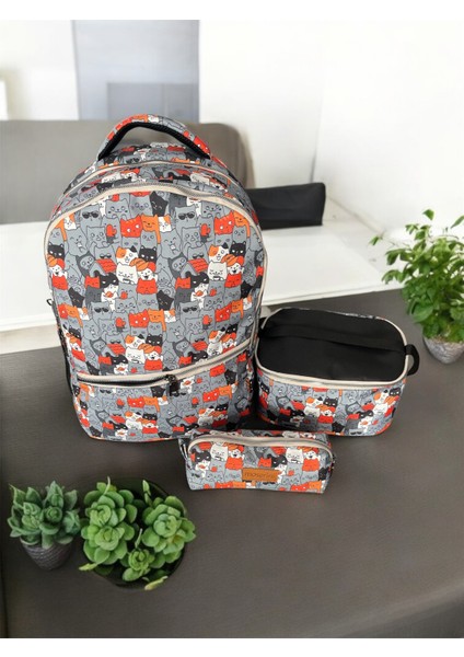 Sevimli Kedi Desenli Okul Çantası Seti - 3'lü, Sırt Çantası, Termal Beslenme Çantası ve Kalemlik modelleri