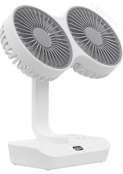 Çift Başlı Taşınabilir USB Şarjlı Fan, LED Gece Lambası ve 5000MAH Pil ile Uzun Çalışma Süresi, Ayarlanabilir Hız ve 270° Dönebilir Kafalar, Ev, Ofis, Kamp Için Ideal (CZ-01X - Beyaz)
