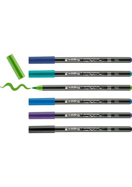 4200 Porselen Fırça Kalemi - Siyah, Mor, 3 x Mavi, Yeşil, - 6 Kalem - Fırça Ucu 1-4 mm - Bulaşık Makinesinde Yıkanabilir, Işığa Dayanıklı Mürekkep, Çabuk Kuruyan - Keçeli Kalem