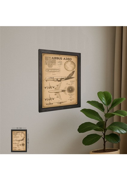 Airbus A380 Tablo Metal Çerçeveli Ahşap Pilot - Havacı - Uçak Tutkunu