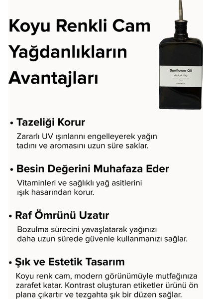 2'li 750 ml Yağdanlık Sosluk Sirkelik Zeytinyağı Şişesi Damlatmaz Kapak Siyah Koyu Cam-Beyaz Etiket