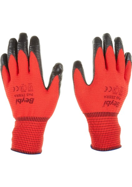 Pn5 Zebra Polyester Örme Nitril Eldiven Çift - No:9 - Kırmızı Siyah
