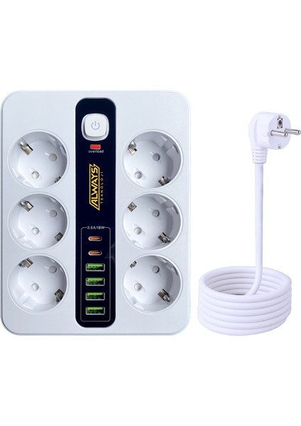 Akım Korumalı 6'lı Grup Priz 4 Usb'li ve 2 Type-C Li 6'lı Grup Priz 2 M Kablo Çocuk Korumalı