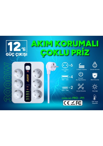 Akım Korumalı 6'lı Grup Priz 4 Usb'li ve 2 Type-C Li 6'lı Grup Priz 2 M Kablo Çocuk Korumalı fiyatları
