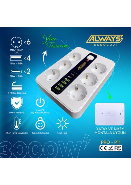 Akım Korumalı 6'lı Grup Priz 4 Usb'li ve 2 Type-C Li 6'lı Grup Priz 2 M Kablo Çocuk Korumalı modelleri