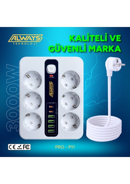 Akım Korumalı 6'lı Grup Priz 4 Usb'li ve 2 Type-C Li 6'lı Grup Priz 2 M Kablo Çocuk Korumalı fırsatları