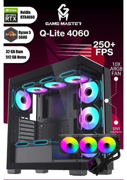 Qlite 4060 R5 5600 Cpu 32GB Ddr4 Ram 512GB M.2 SSD RTX4060 10X Argb Sıvı Soğutuculu Siyah Gaming Pc