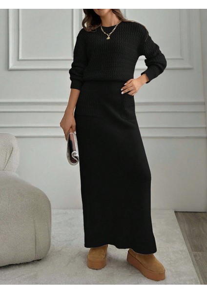 TKM0002 Kadın Saç Örgülü Uzun Etekli Cepli Triko Takım modelleri