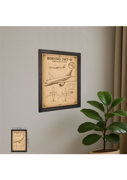 Boeing 787-9 Dreamliner Tablo Metal Çerçeveli Ahşap Pilot - Havacı - Uçak Tutkunu