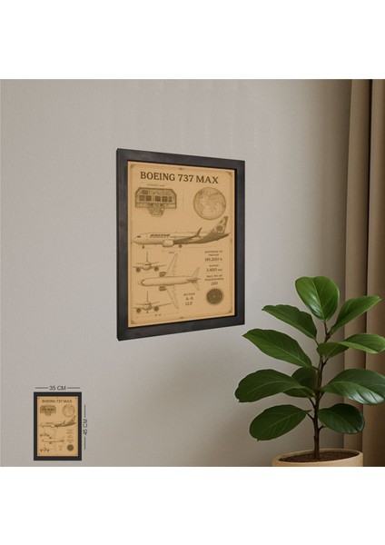 Boeing 737 Max Tablo Metal Çerçeveli Ahşap Pilot - Havacı - Uçak Tutkunu