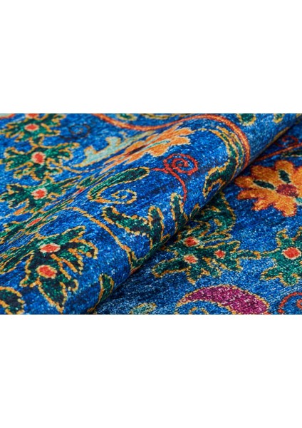 Sarapul Mavi Çiçekli Etnik Modern Desenli Makinada Yıkanabilir Hav Toz Vermez Leke Tutmayan Kaymaz Taban Dijital Makine Baskı Salon Yolluk Mutfak Halı modelleri
