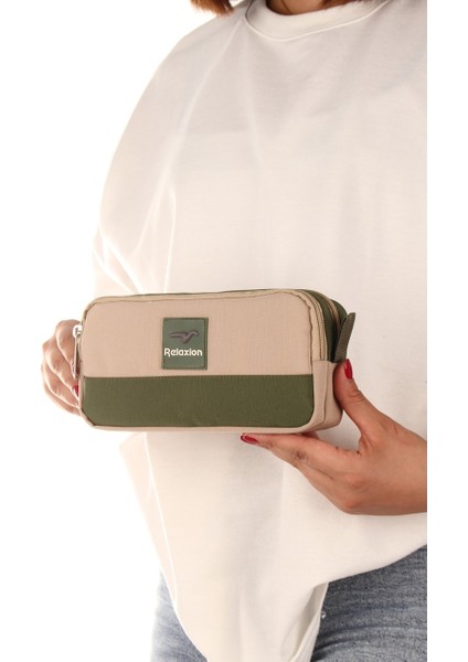 Açık Kahverengi İki Gözlü Krinkıl Kumaş Kalem Çantası Kalemlik (173)