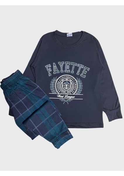 Erkek Çocuk %100 Pamuklu Füme Ekose Desen Uzun Kollu Mevsimlik Pijama Takımı