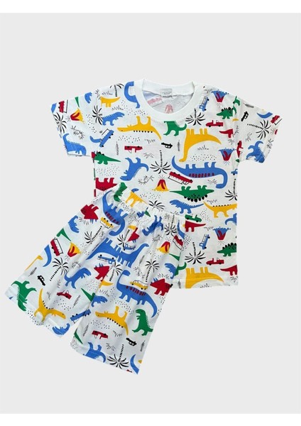 Erkek Çocuk Pamuklu Beyaz Dinozor Desenli Kısa Kollu Şortlu Yazlık Pijama Takımı