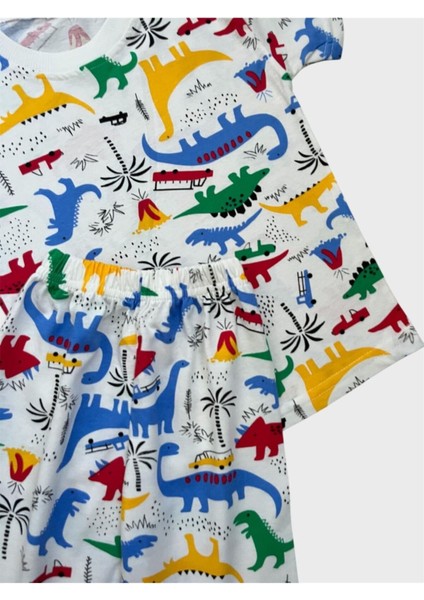 Erkek Çocuk Pamuklu Beyaz Dinozor Desenli Kısa Kollu Şortlu Yazlık Pijama Takımı fiyatları