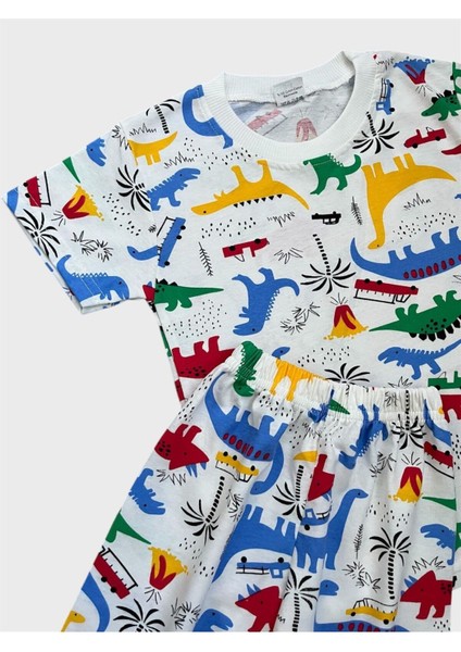 Erkek Çocuk Pamuklu Beyaz Dinozor Desenli Kısa Kollu Şortlu Yazlık Pijama Takımı modelleri