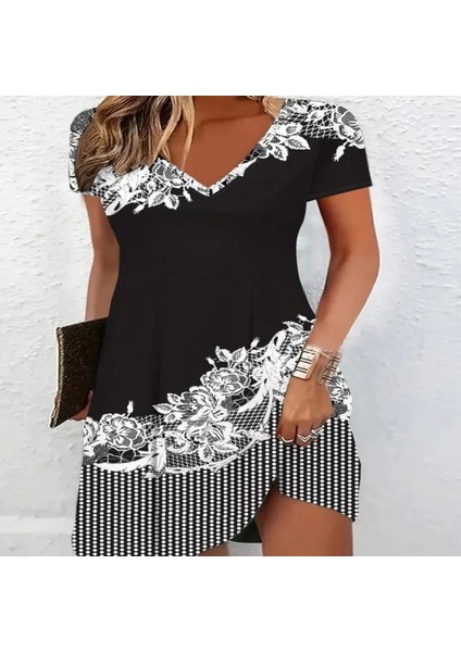 Kadın Kısa Kollu V Yakalı Çiçek Baskılı Süprem Elbise fiyatları