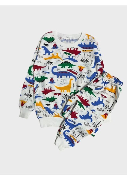 Erkek Çocuk Pamuklu Beyaz Dinozor Desenli Uzun Kollu Mevsimlik Pijama Takımı