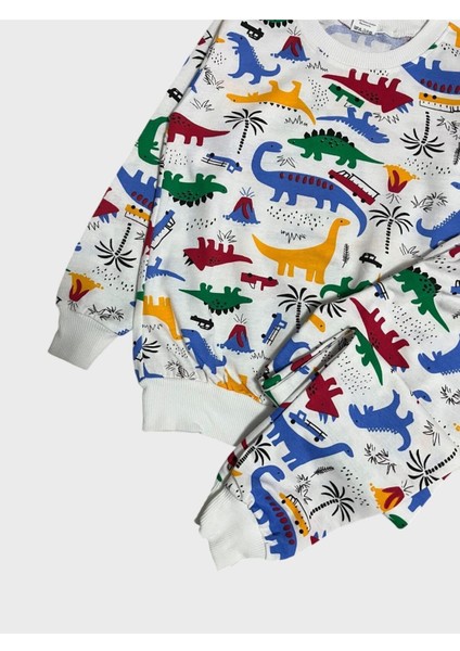 Erkek Çocuk Pamuklu Beyaz Dinozor Desenli Uzun Kollu Mevsimlik Pijama Takımı fiyatları