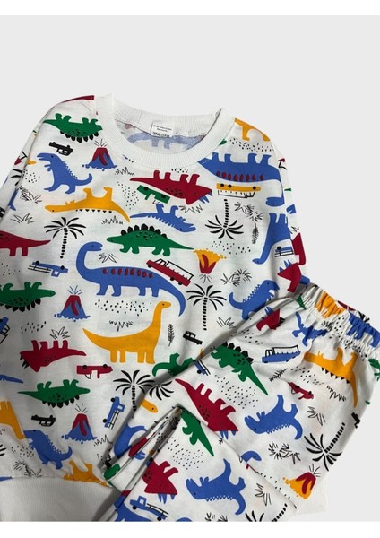 Erkek Çocuk Pamuklu Beyaz Dinozor Desenli Uzun Kollu Mevsimlik Pijama Takımı modelleri