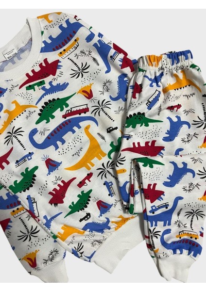 Erkek Çocuk Pamuklu Beyaz Dinozor Desenli Uzun Kollu Mevsimlik Pijama Takımı fırsatları
