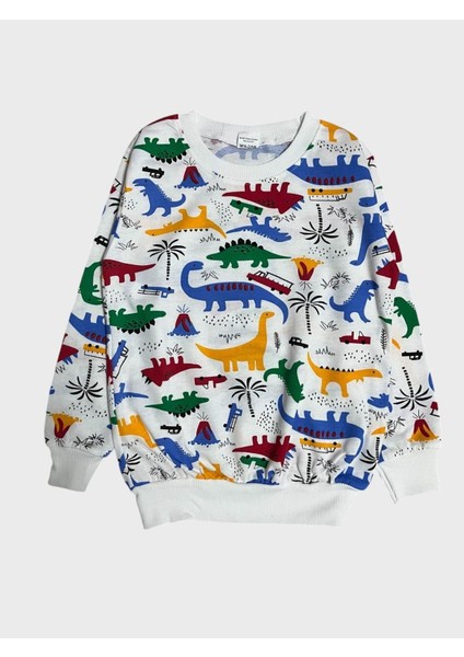 Erkek Çocuk Pamuklu Beyaz Dinozor Desenli Uzun Kollu Mevsimlik Pijama Takımı indirimleri