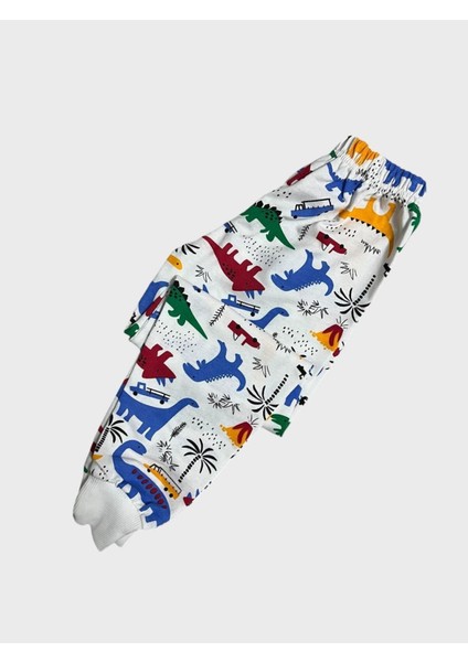 Erkek Çocuk Pamuklu Beyaz Dinozor Desenli Uzun Kollu Mevsimlik Pijama Takımı