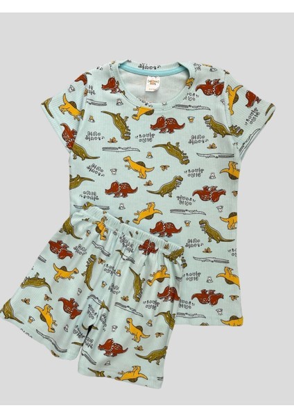 Erkek Çocuk Pamuklu Fitilli Mavi Dinozor Desenli Kısa Kollu Şortlu Yazlık Pijama Takımı