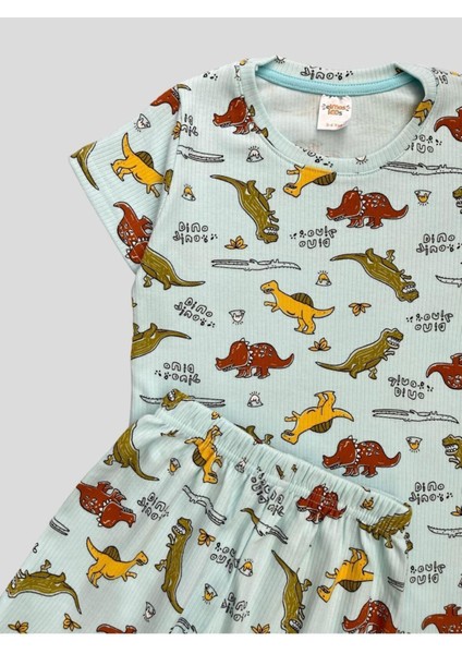 Erkek Çocuk Pamuklu Fitilli Mavi Dinozor Desenli Kısa Kollu Şortlu Yazlık Pijama Takımı fiyatları