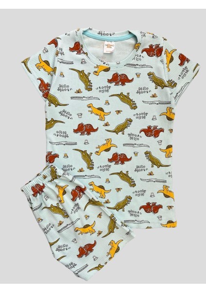 Erkek Çocuk Pamuklu Fitilli Mavi Dinozor Desenli Kısa Kollu Şortlu Yazlık Pijama Takımı modelleri