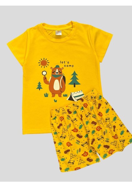 Erkek Çocuk %100 Pamuklu Sarı Ayıcık Çadır Kamp Desenli Kısa Kollu Şortlu Pijama Takımı