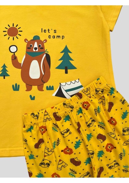 Erkek Çocuk %100 Pamuklu Sarı Ayıcık Çadır Kamp Desenli Kısa Kollu Şortlu Pijama Takımı fiyatları