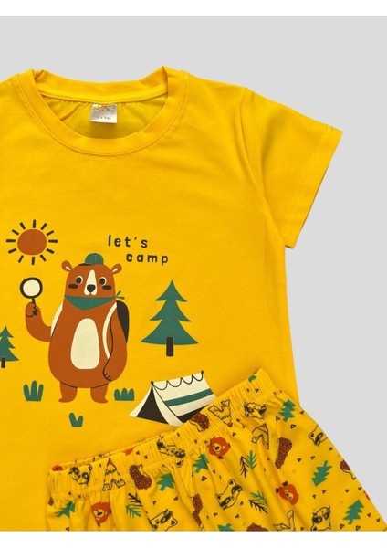 Erkek Çocuk %100 Pamuklu Sarı Ayıcık Çadır Kamp Desenli Kısa Kollu Şortlu Pijama Takımı modelleri