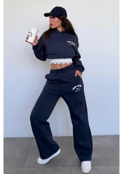 Lacivert Kapüşonlu Baskılı Kadın Eşofman Takımı MG2524