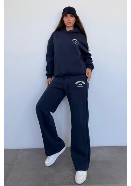 Lacivert Kapüşonlu Baskılı Kadın Eşofman Takımı MG2524 modelleri