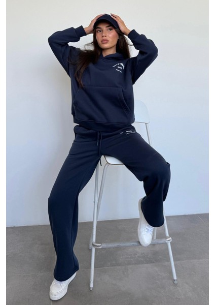 Lacivert Kapüşonlu Baskılı Kadın Eşofman Takımı MG2524 fırsatları
